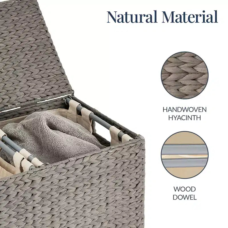 Large Natural Water Hyacinth Double Laundry Hamper with 2 Liner Bags