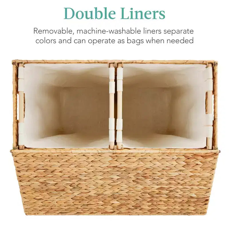 Large Natural Water Hyacinth Double Laundry Hamper with 2 Liner Bags