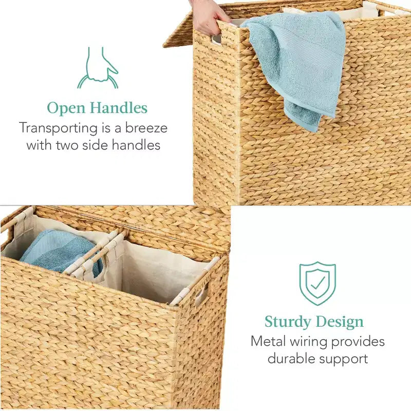 Large Natural Water Hyacinth Double Laundry Hamper with 2 Liner Bags
