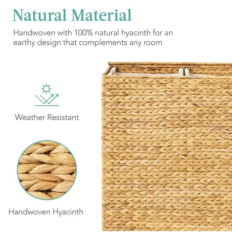 Large Natural Water Hyacinth Double Laundry Hamper with 2 Liner Bags