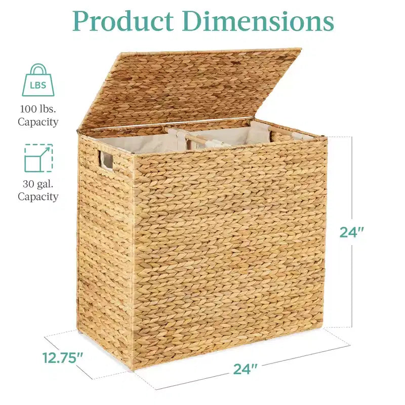 Large Natural Water Hyacinth Double Laundry Hamper with 2 Liner Bags