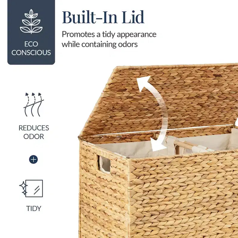 Large Natural Water Hyacinth Double Laundry Hamper with 2 Liner Bags