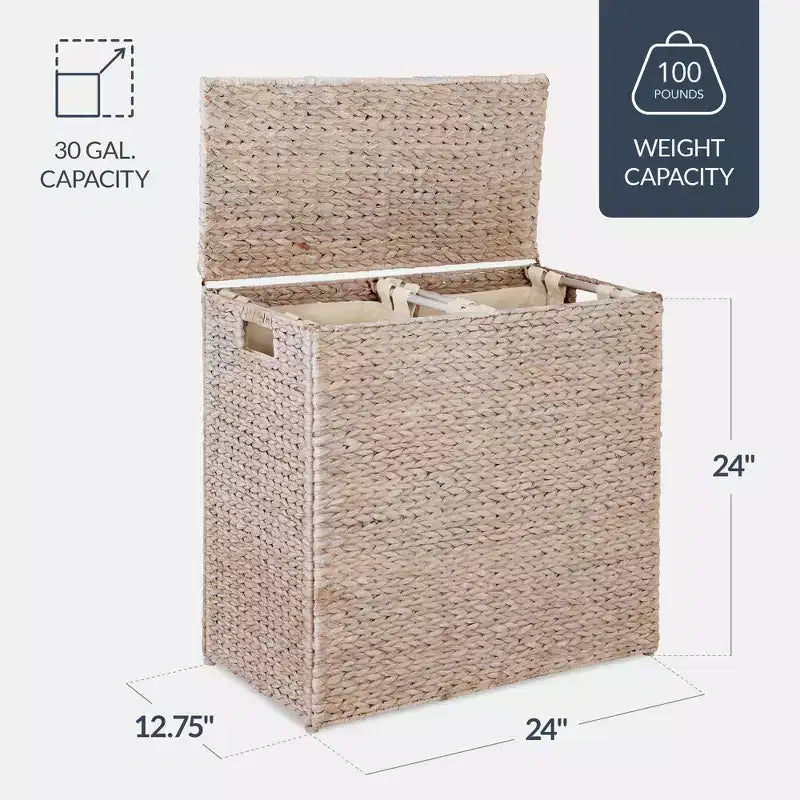 Large Natural Water Hyacinth Double Laundry Hamper with 2 Liner Bags