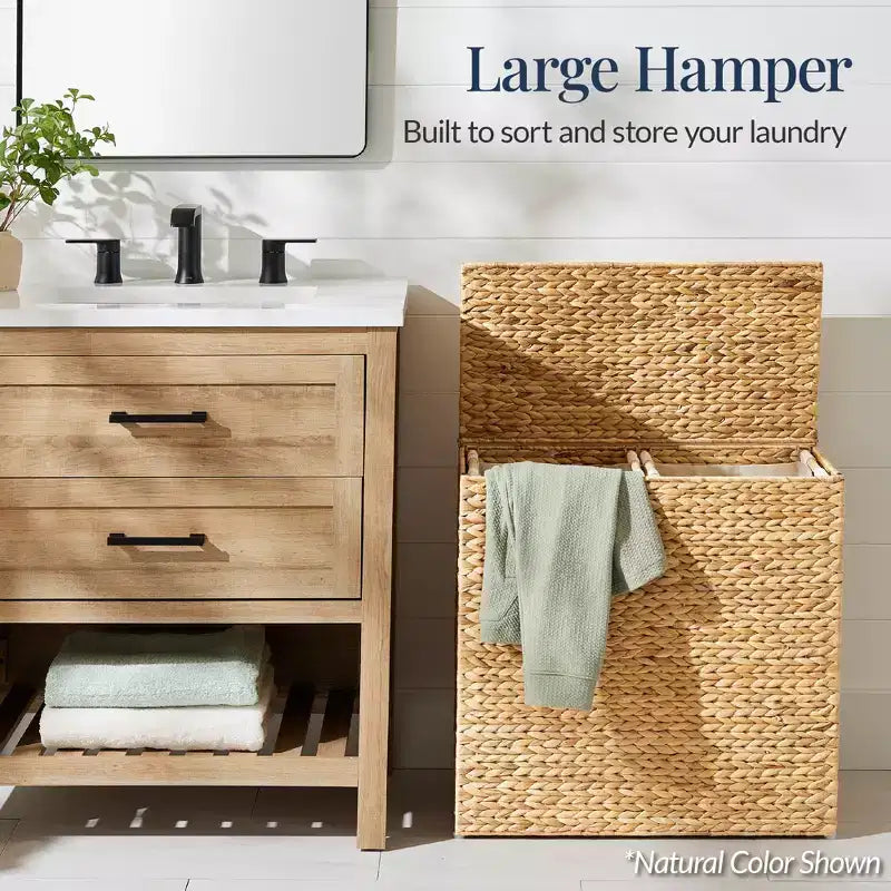 Large Natural Water Hyacinth Double Laundry Hamper with 2 Liner Bags