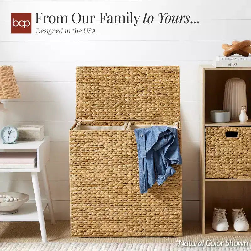 Large Natural Water Hyacinth Double Laundry Hamper with 2 Liner Bags