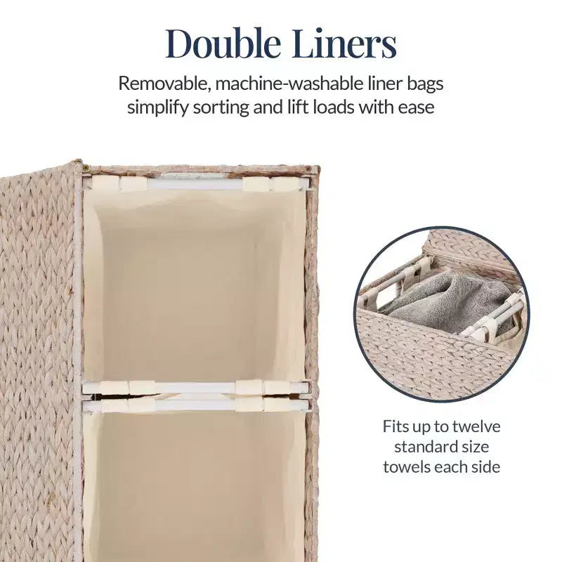 Large Natural Water Hyacinth Double Laundry Hamper with 2 Liner Bags