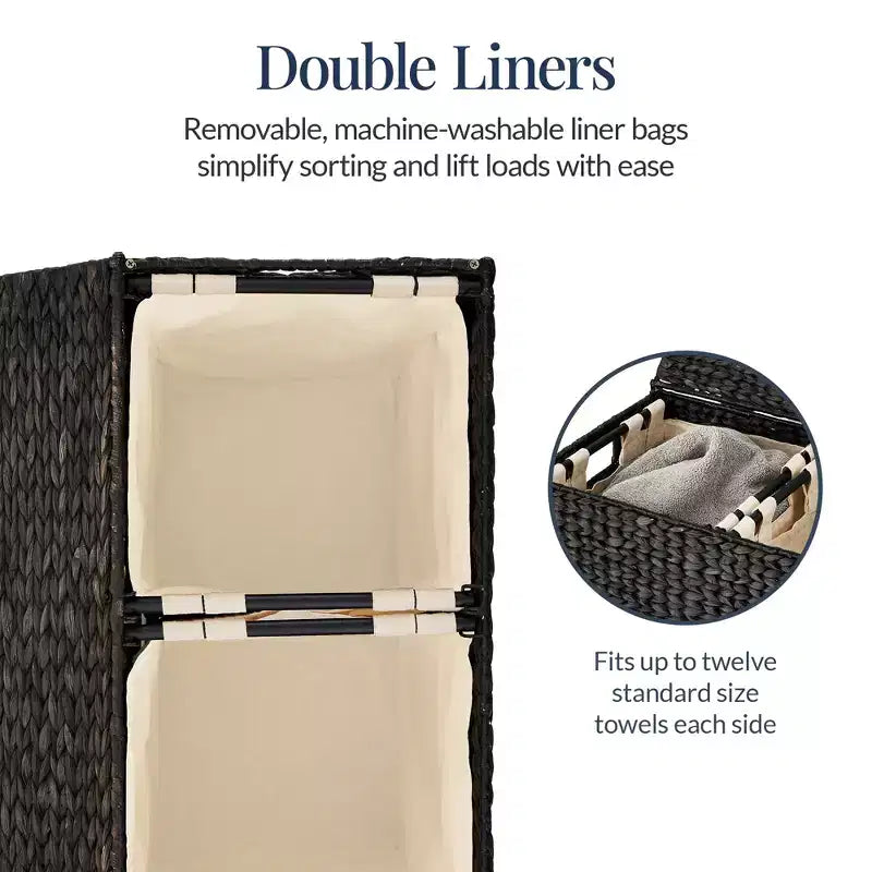 Large Natural Water Hyacinth Double Laundry Hamper with 2 Liner Bags