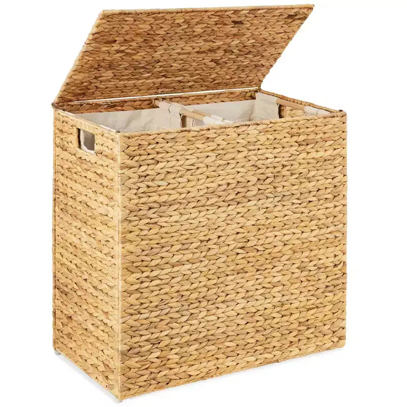 Large Natural Water Hyacinth Double Laundry Hamper with 2 Liner Bags
