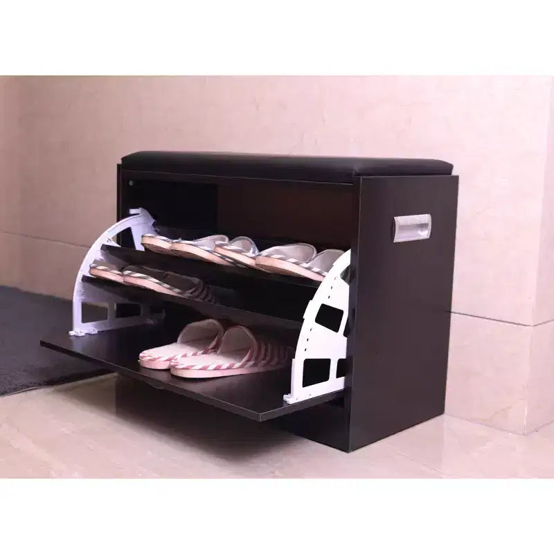 Black Wooden Shoe Storage Bench with Leather Cushion