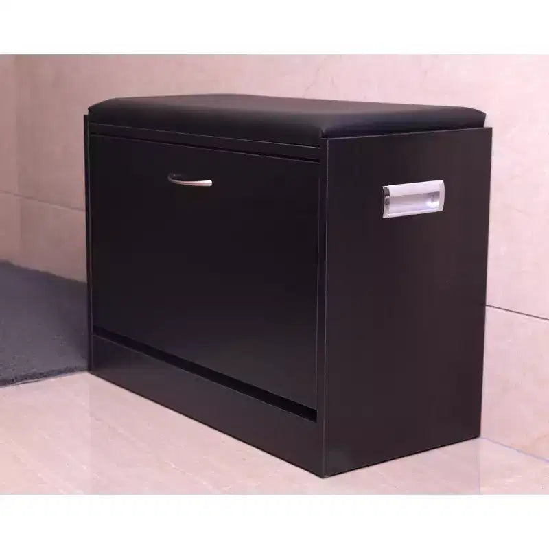 Black Wooden Shoe Storage Bench with Leather Cushion