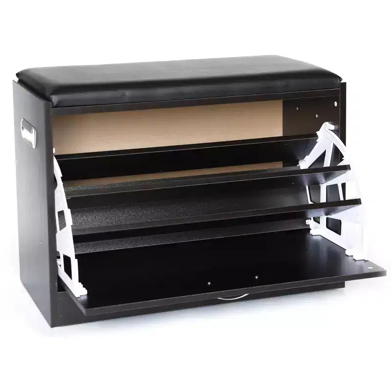 Black Wooden Shoe Storage Bench with Leather Cushion