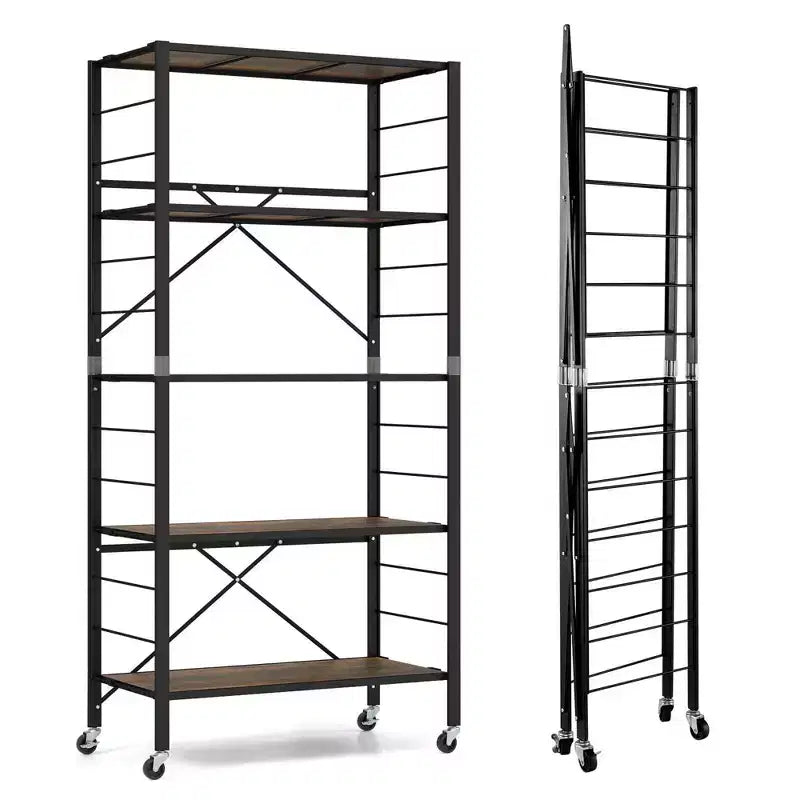 5-Tier Folding Shelving Unit with 4 Wheels, DIY Configurable, Black/Natural