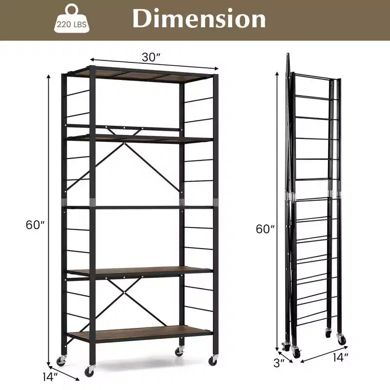 5-Tier Folding Shelving Unit with 4 Wheels, DIY Configurable, Black/Natural