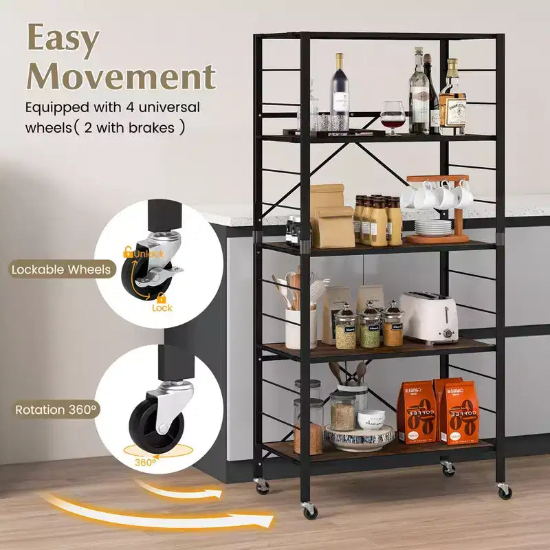 5-Tier Folding Shelving Unit with 4 Wheels, DIY Configurable, Black/Natural