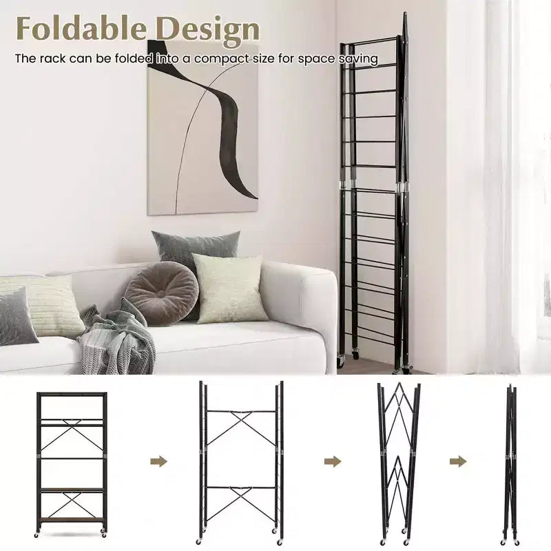 5-Tier Folding Shelving Unit with 4 Wheels, DIY Configurable, Black/Natural