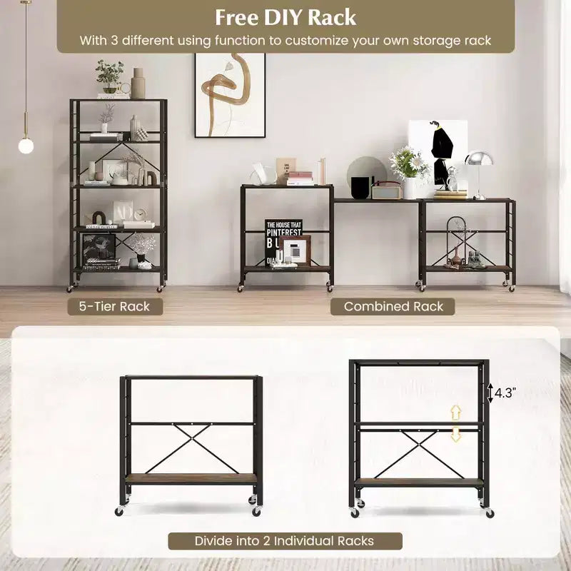 5-Tier Folding Shelving Unit with 4 Wheels, DIY Configurable, Black/Natural