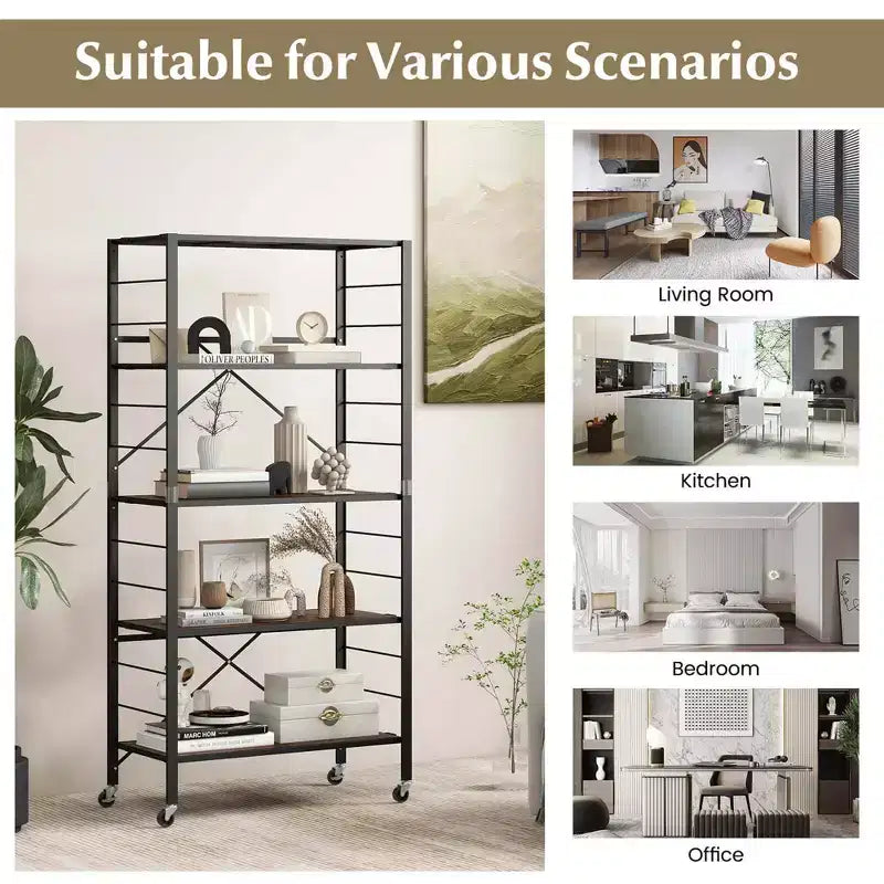 5-Tier Folding Shelving Unit with 4 Wheels, DIY Configurable, Black/Natural