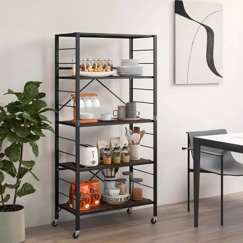 5-Tier Folding Shelving Unit with 4 Wheels, DIY Configurable, Black/Natural