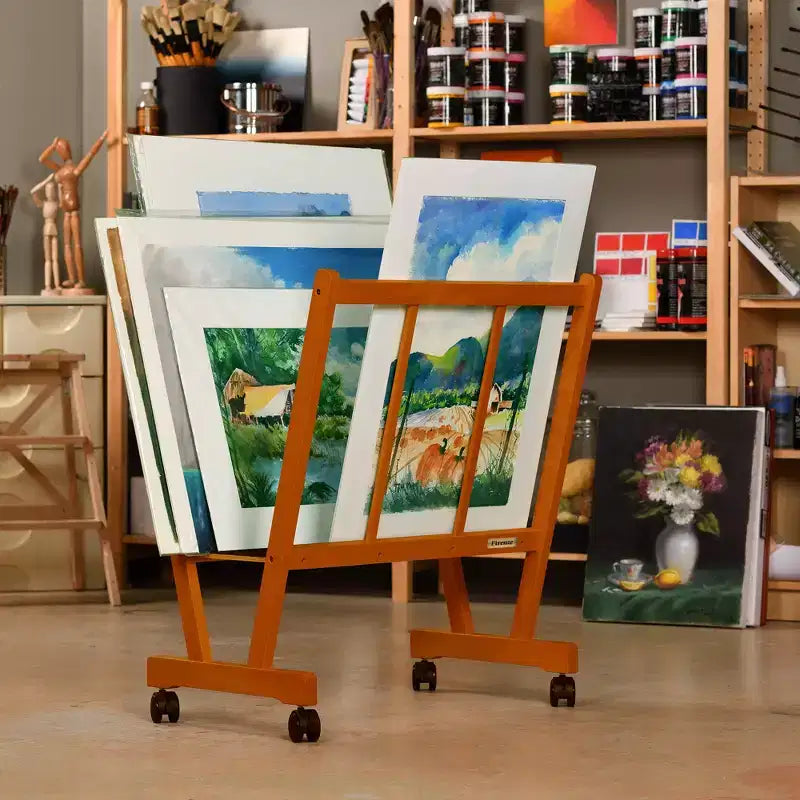 Large Wood Print Rack with Locking Castors for Canvas, Art and Posters