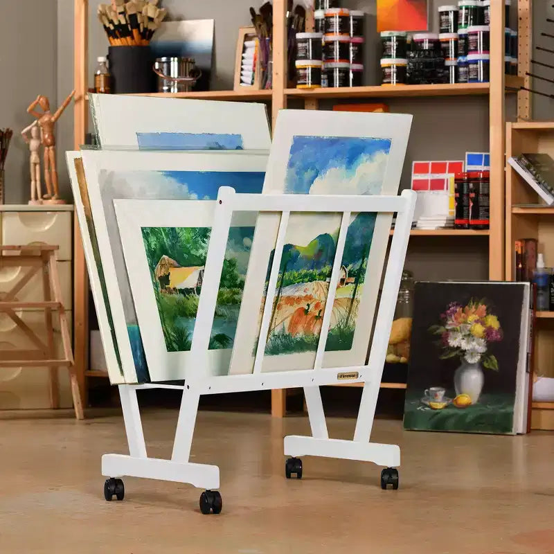 Large Wood Print Rack with Locking Castors for Canvas, Art and Posters
