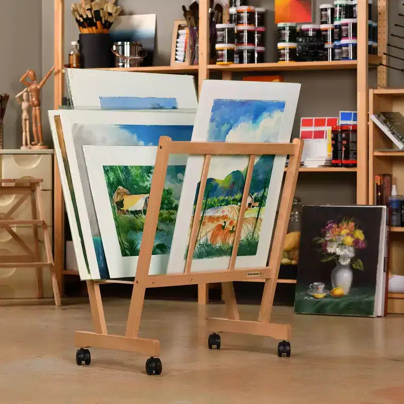 Large Wood Print Rack with Locking Castors for Canvas, Art and Posters