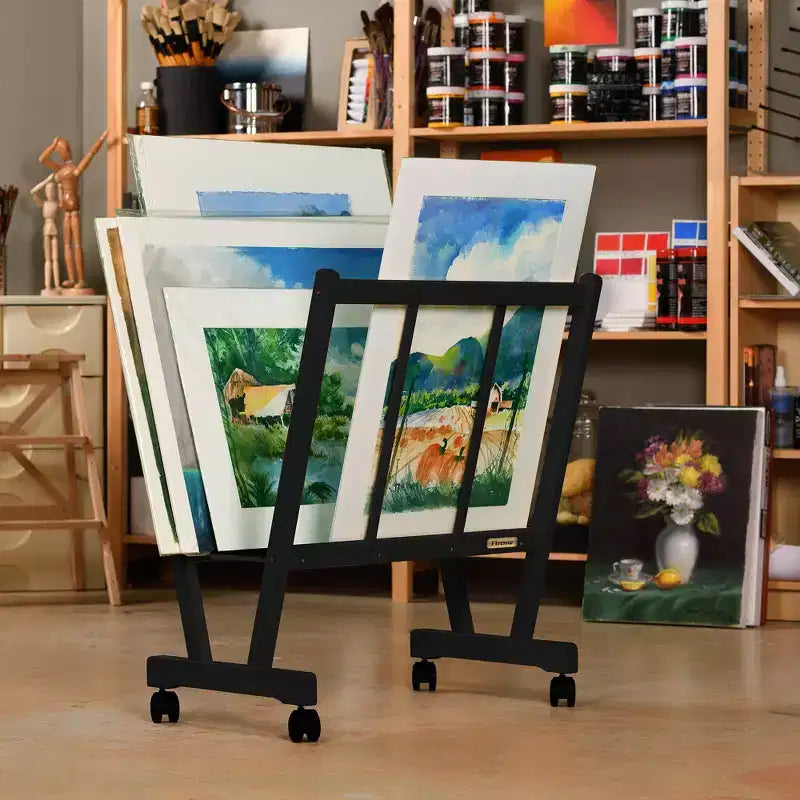 Large Wood Print Rack with Locking Castors for Canvas, Art and Posters