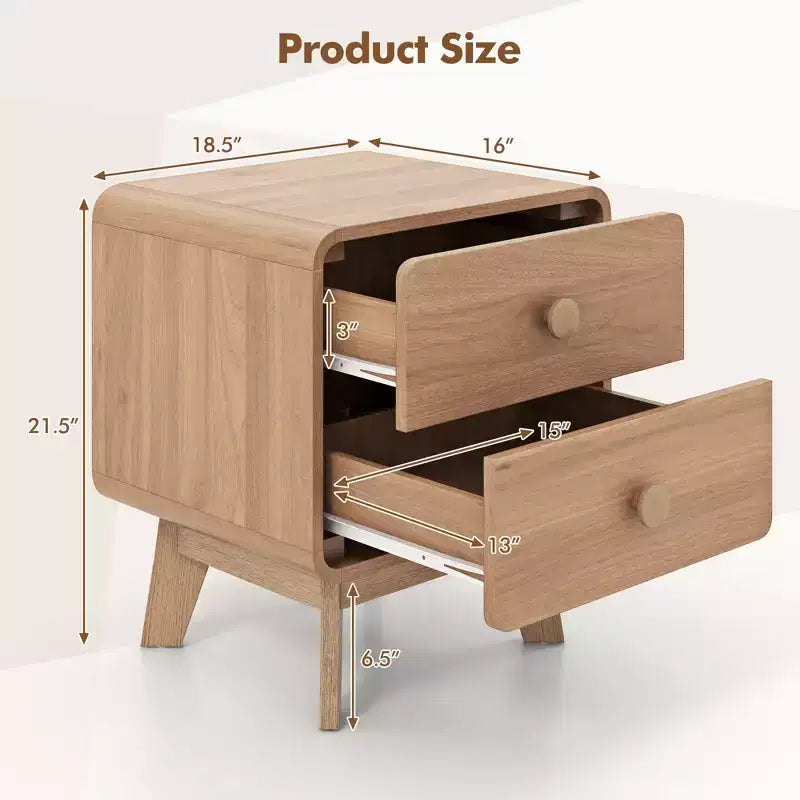 2-Drawer Brown Nightstand with Rubber Wood Legs