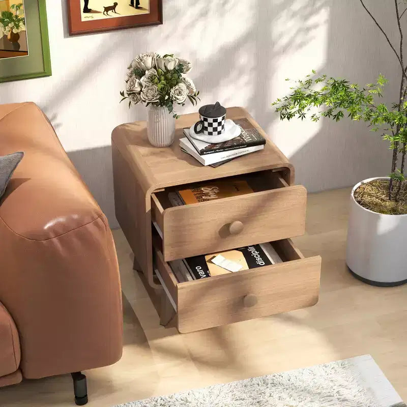 2-Drawer Brown Nightstand with Rubber Wood Legs