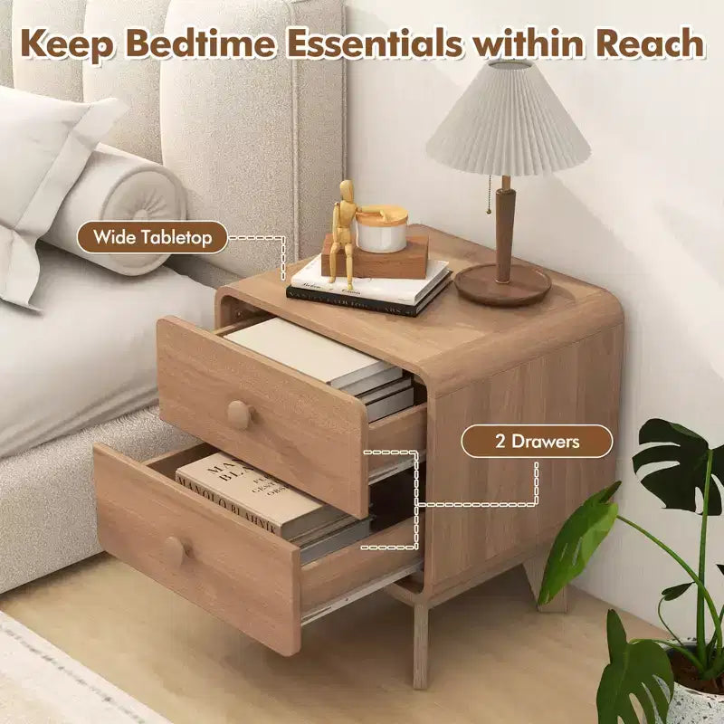 2-Drawer Brown Nightstand with Rubber Wood Legs