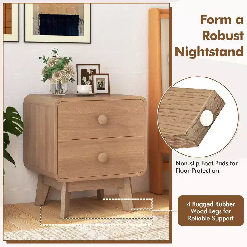 2-Drawer Brown Nightstand with Rubber Wood Legs