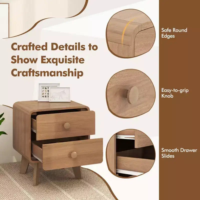 2-Drawer Brown Nightstand with Rubber Wood Legs