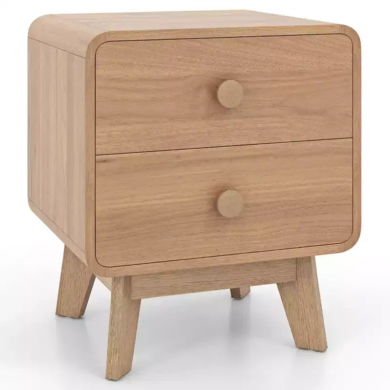 2-Drawer Brown Nightstand with Rubber Wood Legs