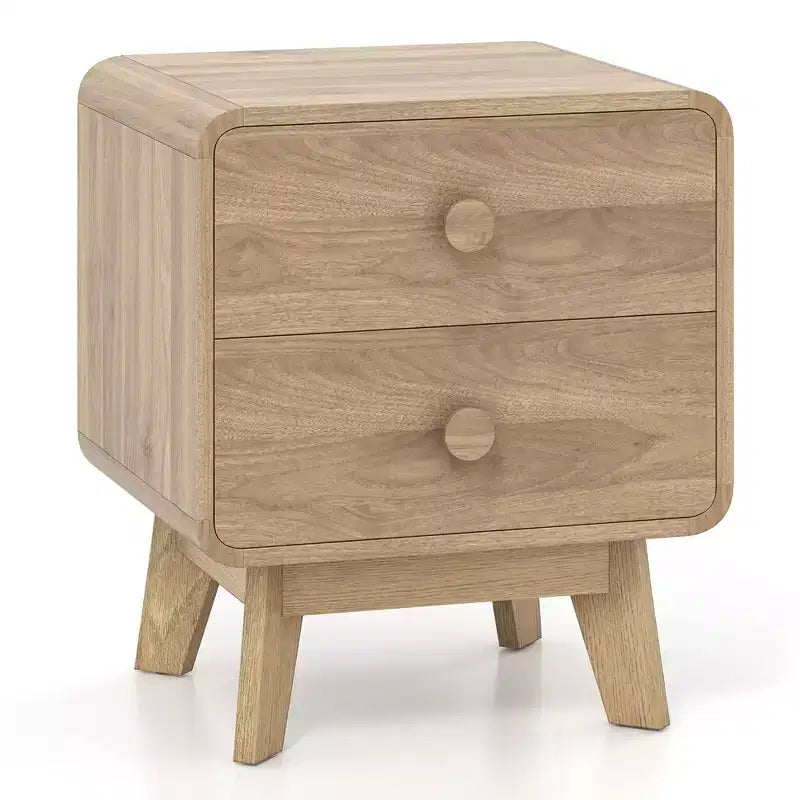 2-Drawer Brown Nightstand with Rubber Wood Legs