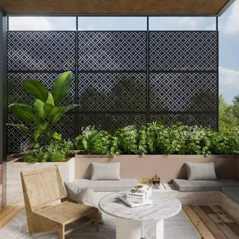 Freestanding Outdoor Metal Privacy Screen, Floral Pattern