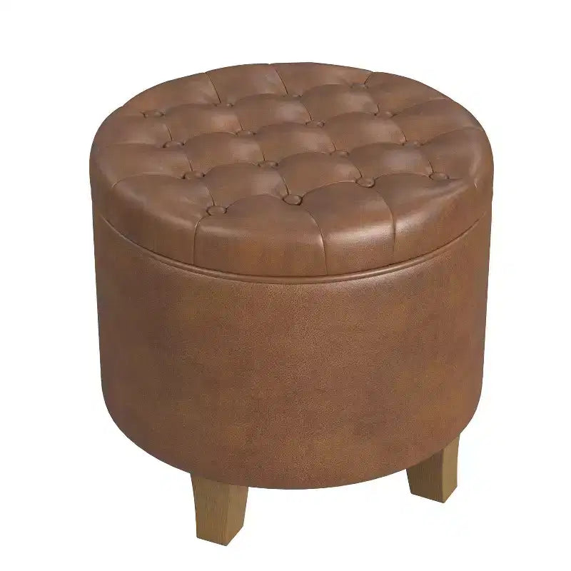 Round Tufted Storage Ottoman, Faux Leather