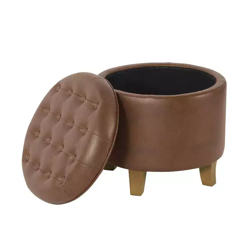 Round Tufted Storage Ottoman, Faux Leather