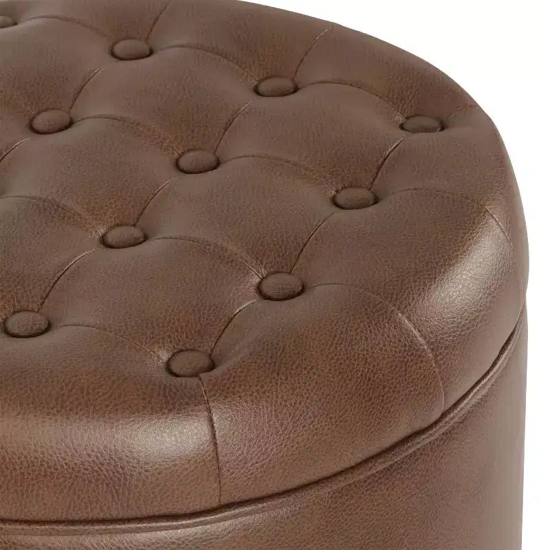 Round Tufted Storage Ottoman, Faux Leather