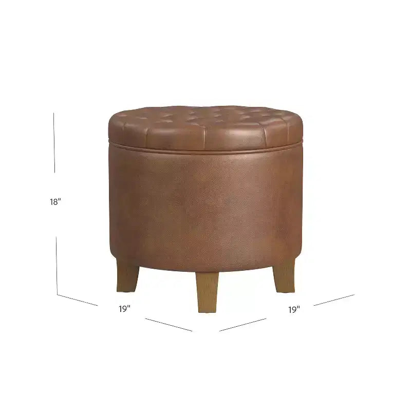 Round Tufted Storage Ottoman, Faux Leather