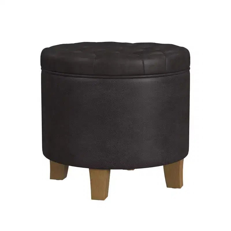 Round Tufted Storage Ottoman, Faux Leather