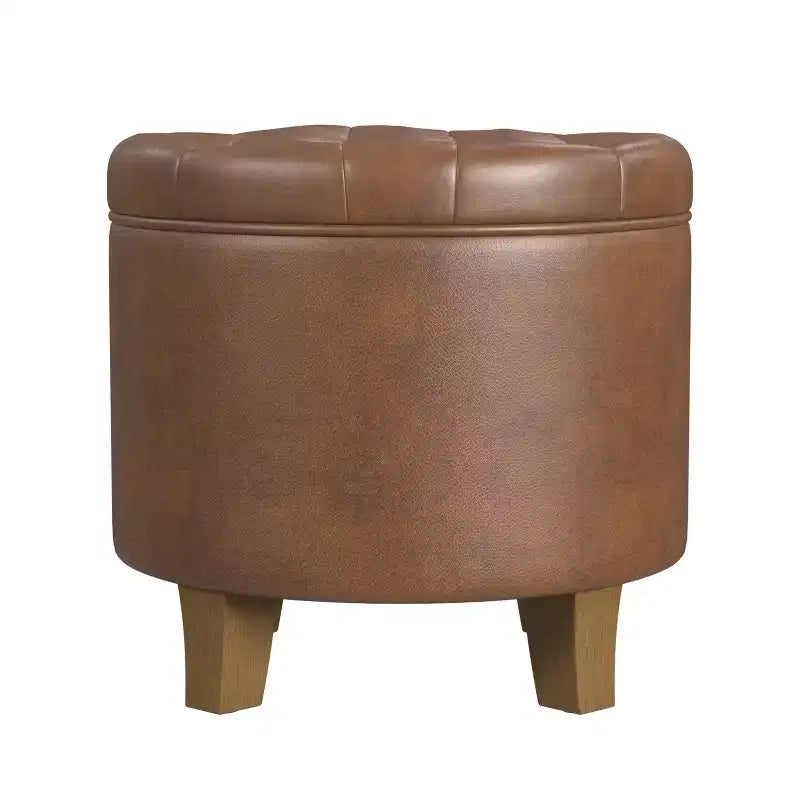 Round Tufted Storage Ottoman, Faux Leather