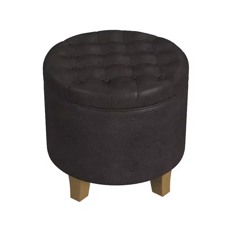 Round Tufted Storage Ottoman, Faux Leather