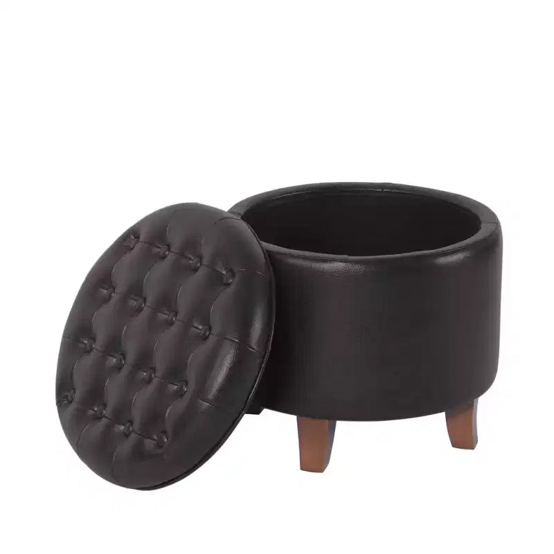 Round Tufted Storage Ottoman, Faux Leather