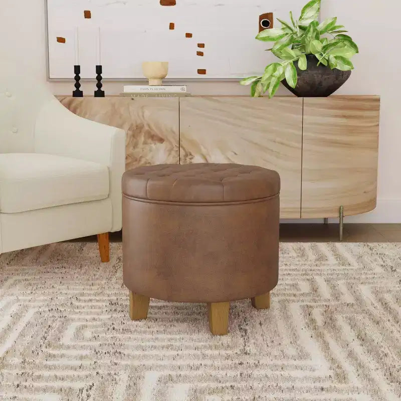 Round Tufted Storage Ottoman, Faux Leather